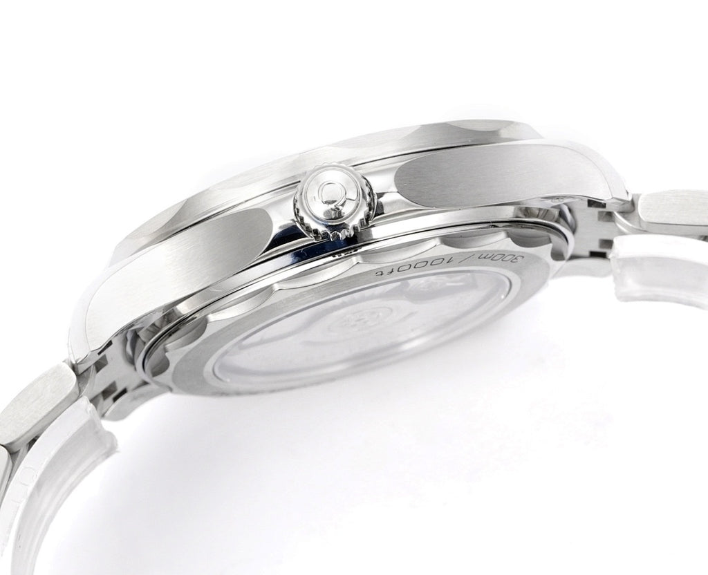 Omega stainless watch with crown on side and smooth case profile