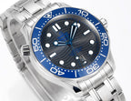 Omega stainless dive watch angled view with blue bezel and dark dial, metal bracelet