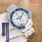 Omega watch with white dial and blue bezel on stainless steel bracelet.