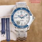 Omega watch with white dial, blue bezel, and stainless steel bracelet.