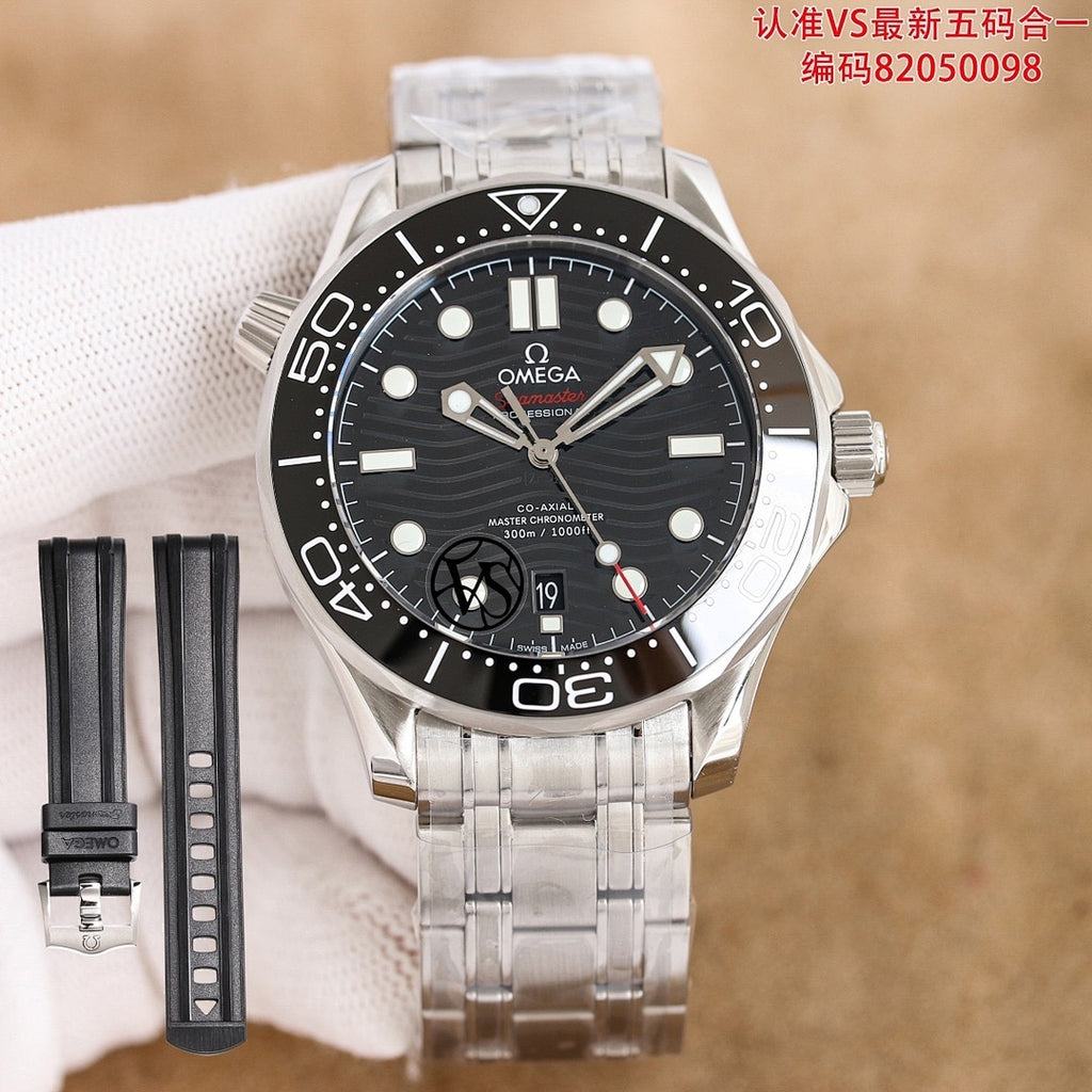 Omega watch with black dial, black bezel, and stainless steel bracelet.