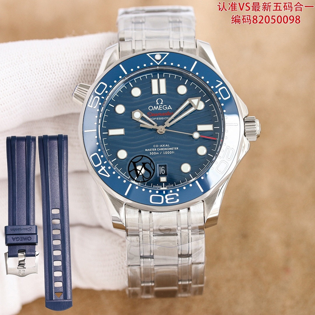 Omega watch front view with dark blue dial and blue bezel on steel bracelet.