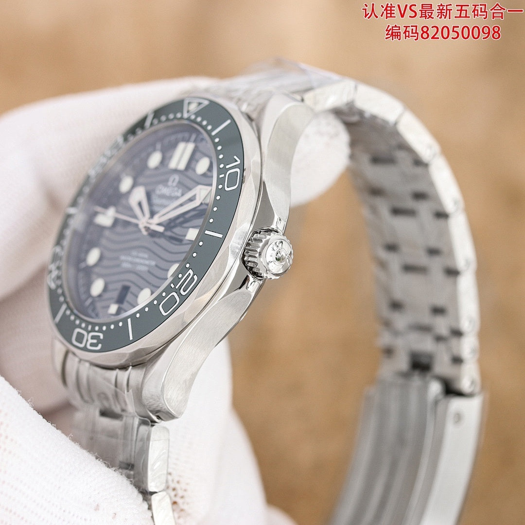 Omega watch side view with stainless steel case and bracelet links.