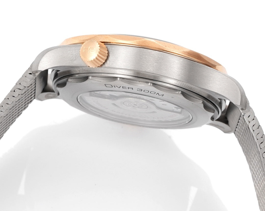 Omega watch caseback underside, brushed metal case, crown and mesh strap visible