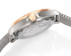 Omega watch brushed metal caseback, crown detail, metal mesh strap