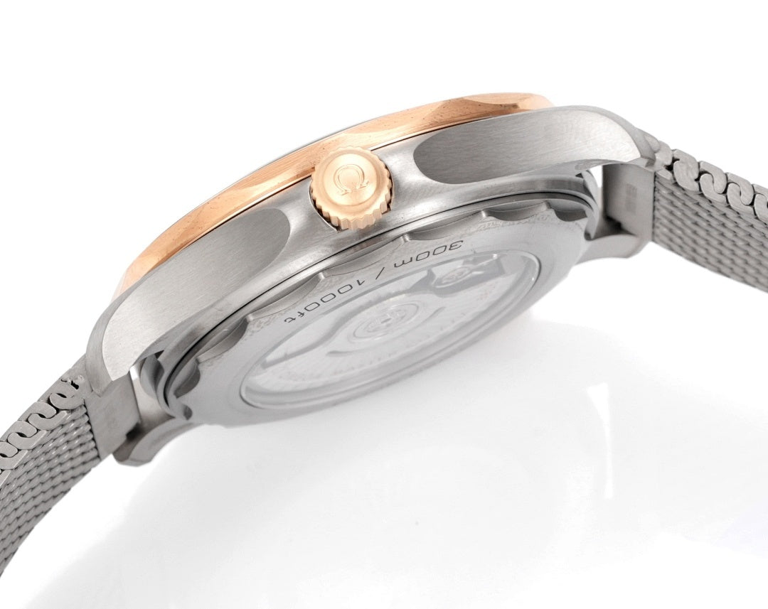 Omega watch brushed metal caseback, crown detail, metal mesh strap