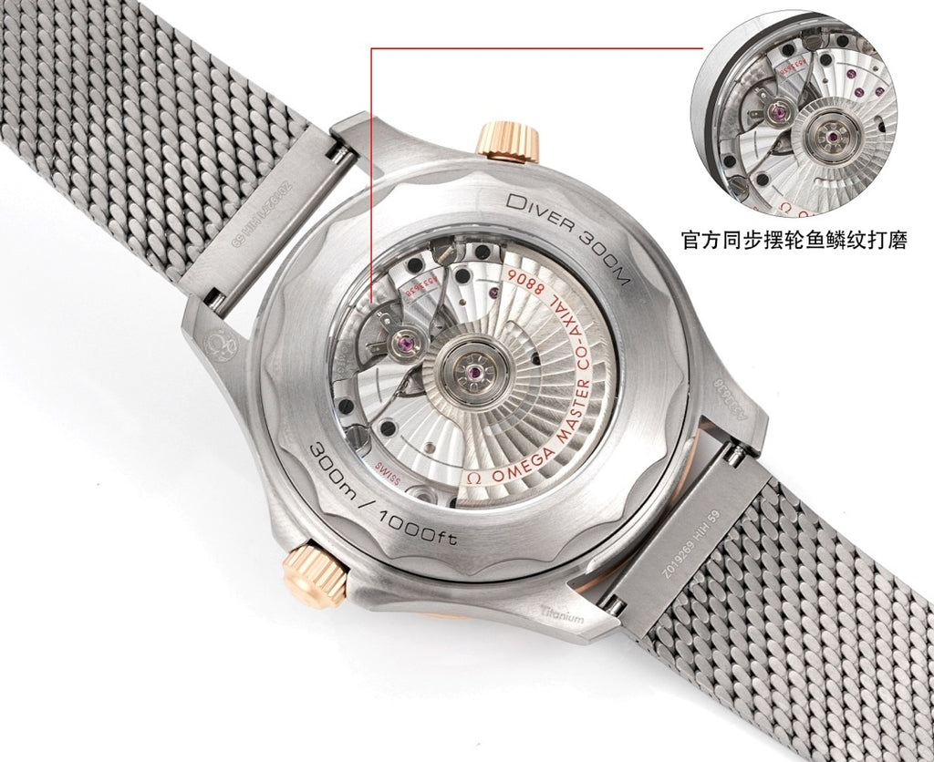 Omega watch with see-through caseback, exposed movement, metal mesh strap