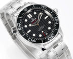 Stainless steel diver watch angled front with black dial, hands, and metal bracelet.