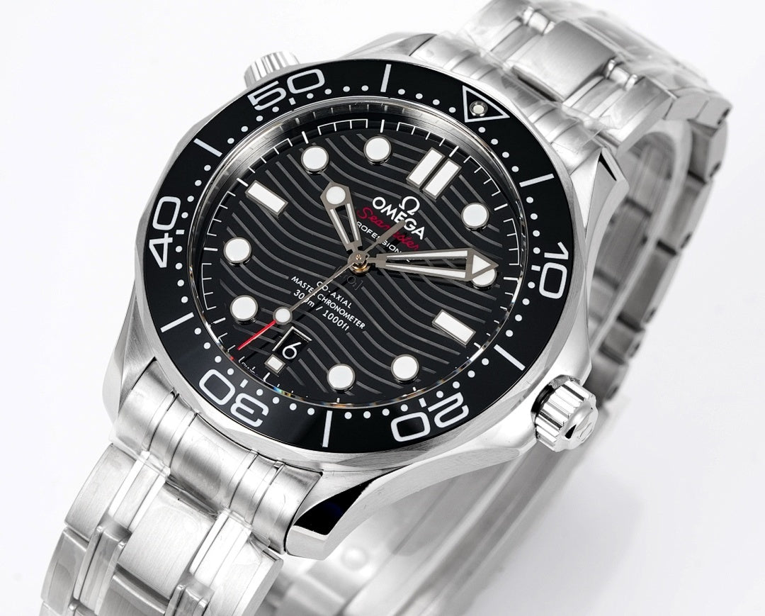 Stainless steel diver watch close-up angled front with black dial and bezel minute marks.