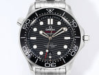 Stainless steel diver watch front view with black dial, lume markers, and metal bracelet.
