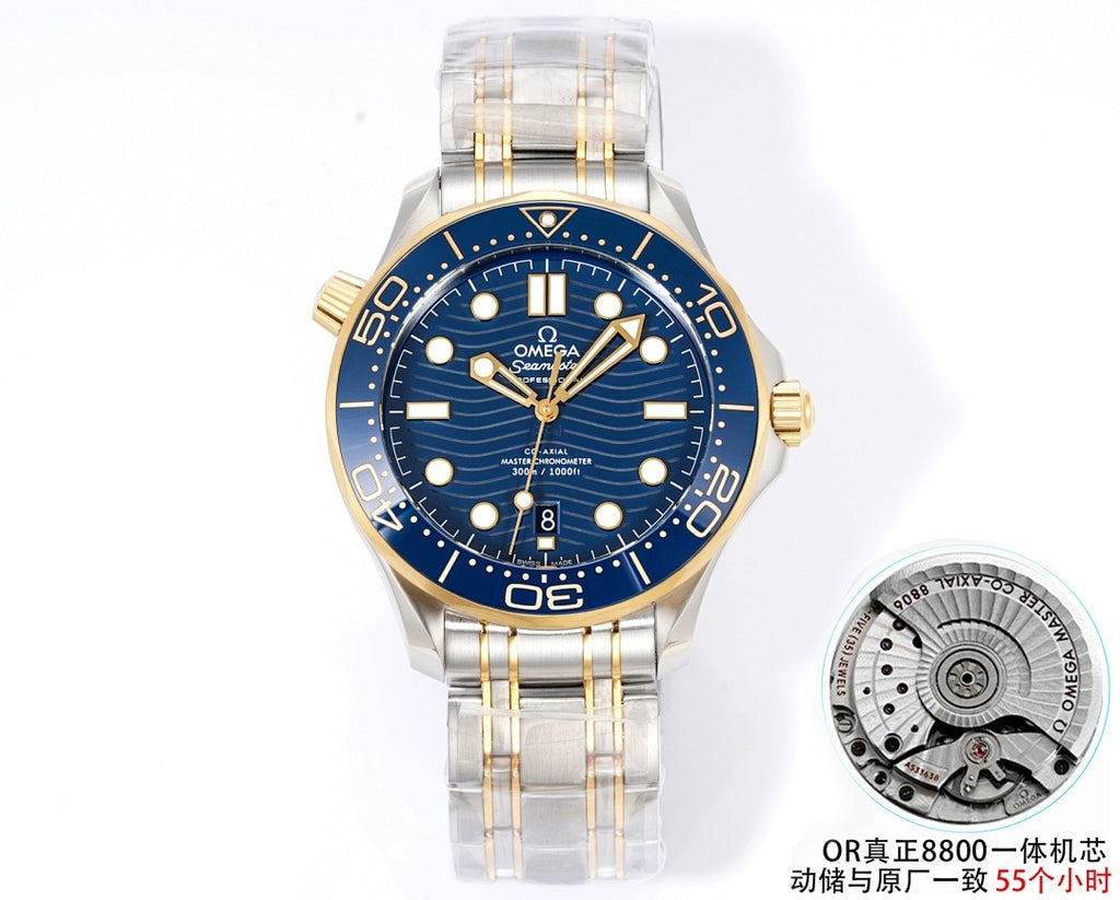 Omega dive watch front view with blue dial, gold bezel, two-tone metal bracelet