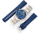 Omega watch on blue rubber strap with two-tone stainless case and blue dial with gold markers