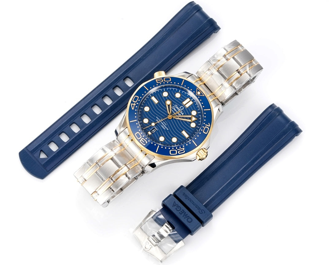 Omega watch on blue rubber strap with two-tone stainless case and blue dial with gold markers