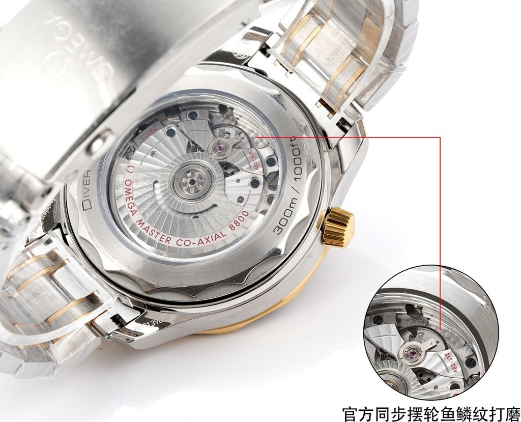 Omega watch open caseback view with blue dial movement detail; two-tone stainless bracelet