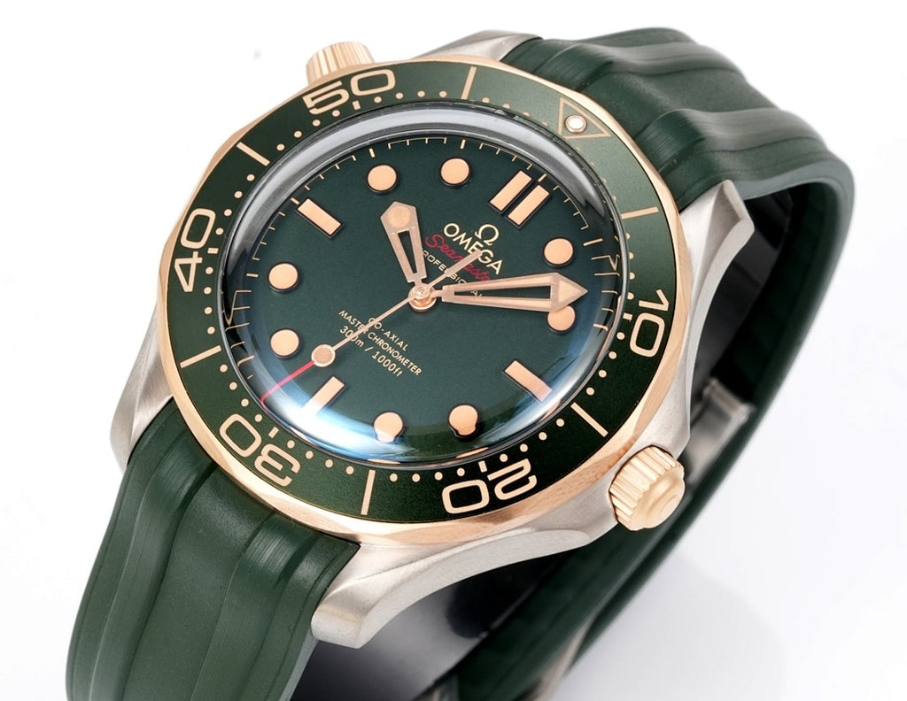 Omega watch front view with green dial, gold bezel, and green rubber strap