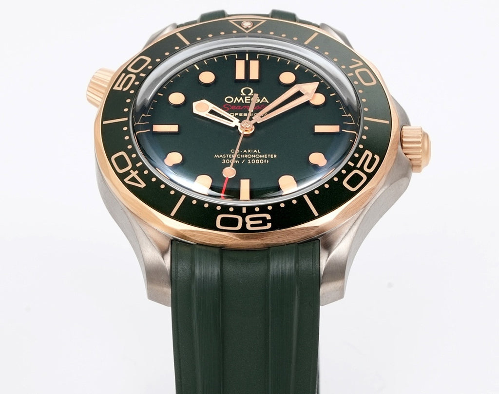 Omega watch centered front view with green dial and green rubber strap
