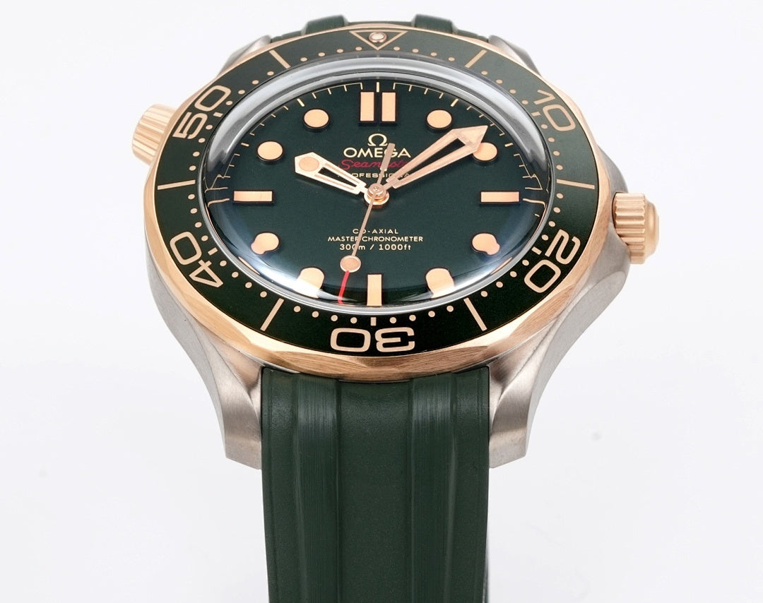 Omega watch centered front view with green dial and green rubber strap