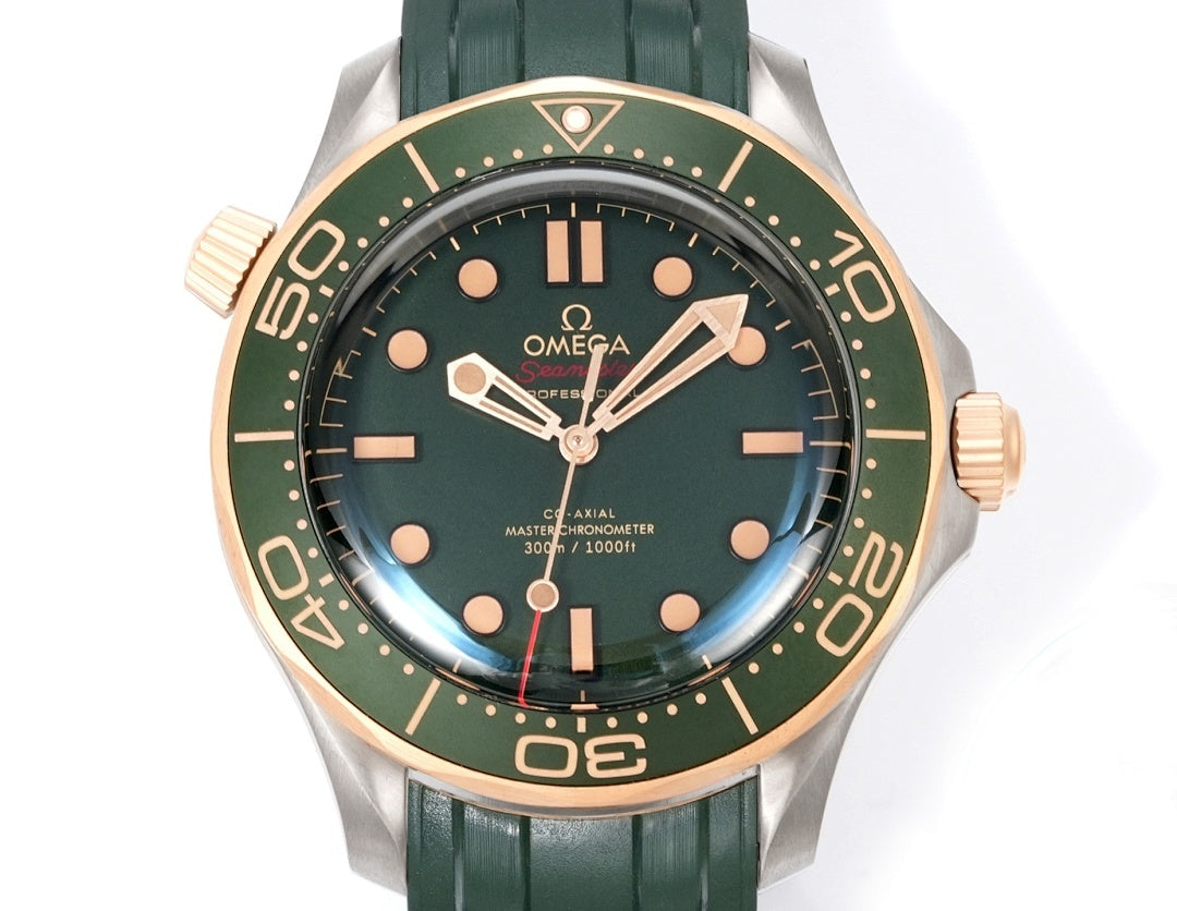 Omega watch front view with green dial, gold-tone bezel, and green rubber strap