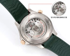 Omega watch open dial detail with green rubber strap and rose-gold crown