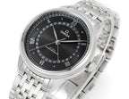 Omega Watches wristwatch with black dial and silver metal bracelet