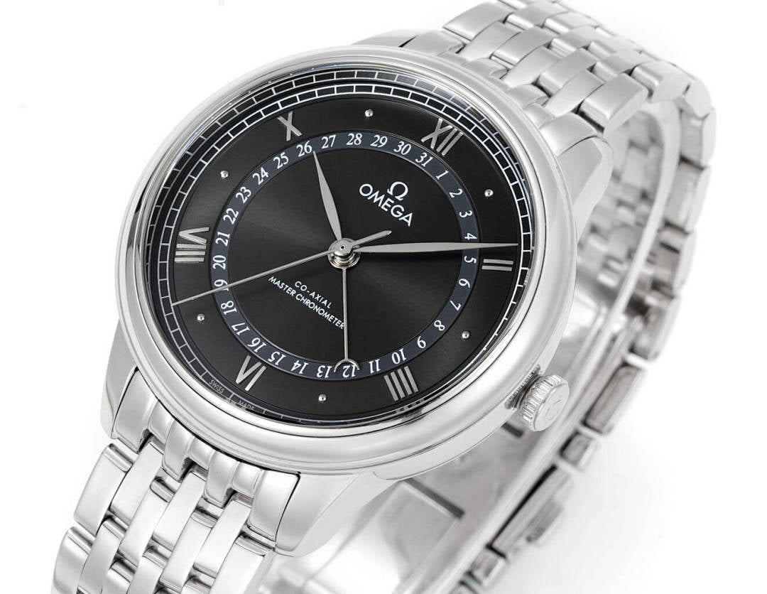 Omega Watches wristwatch with black dial and silver metal bracelet