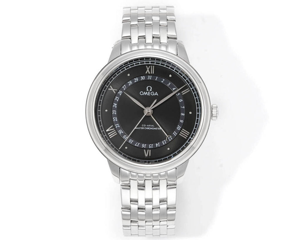 Omega Watches wristwatch with black dial and silver metal bracelet
