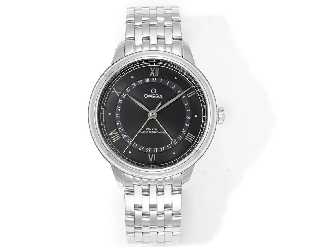 Omega Watches wristwatch with black dial and silver metal bracelet