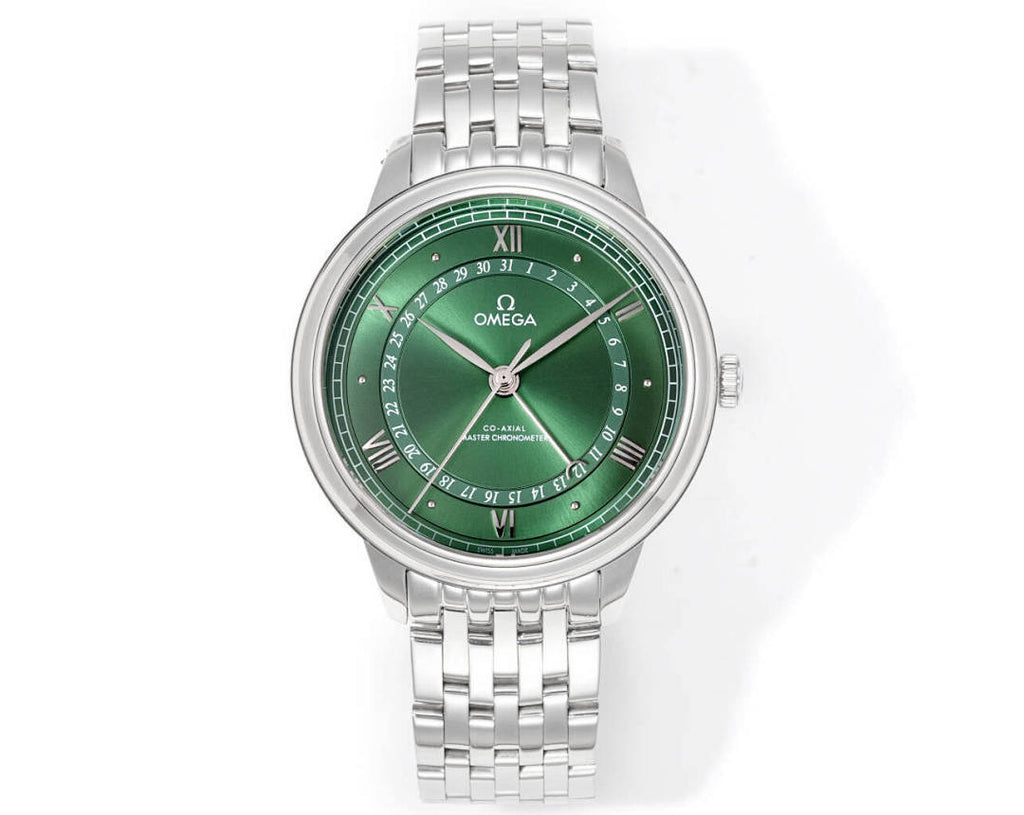 Omega Watches wristwatch with green dial and silver metal bracelet