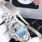 Stainless steel Omega watch with metal bracelet and visible case lugs and strap interface.