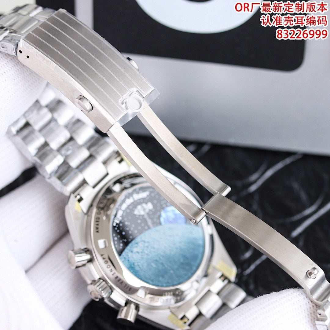 Stainless steel Omega watch with metal bracelet and visible case lugs and strap interface.
