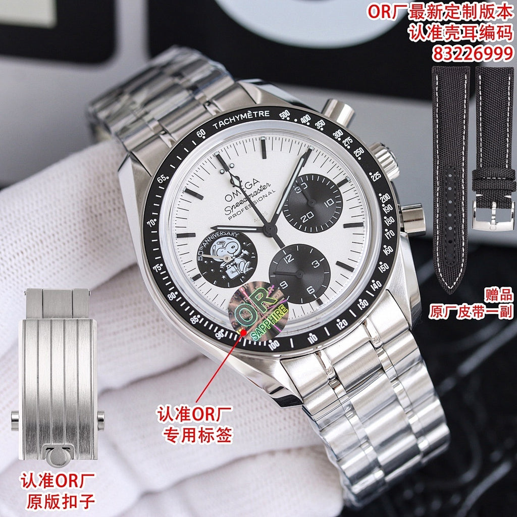 Stainless steel Omega chronograph watch with white dial, dark subdials, and metal bracelet.