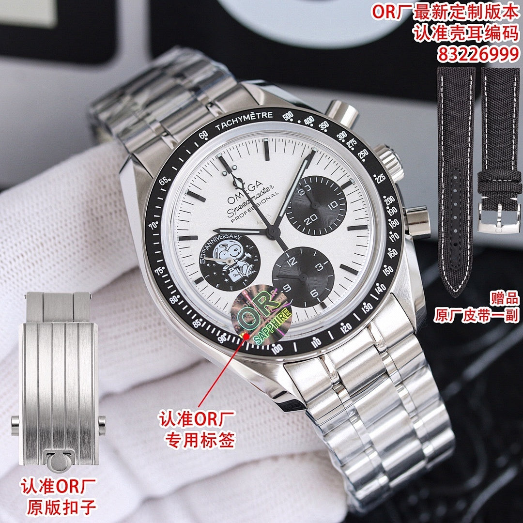 Stainless steel Omega chronograph watch with white dial, dark subdials, and metal bracelet.