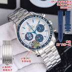 Stainless steel Omega chronograph watch with blue dial accents and silver bracelet, blue strap shown.