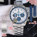 Stainless steel Omega chronograph watch with white dial, blue hands, and metal bracelet.
