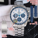 Stainless steel Omega chronograph watch with white dial, blue hands, and metal bracelet.