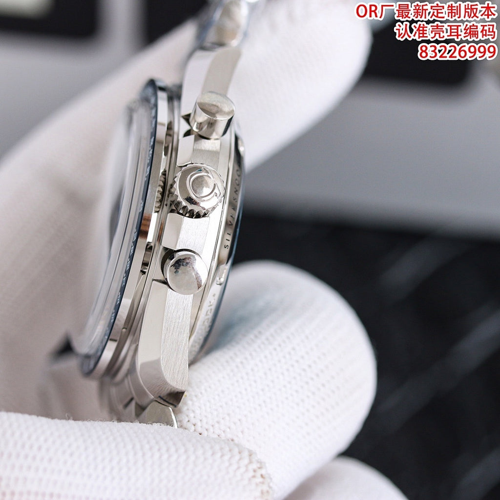 Stainless steel Omega watch case side profile with crown and pushers on a metal bracelet.