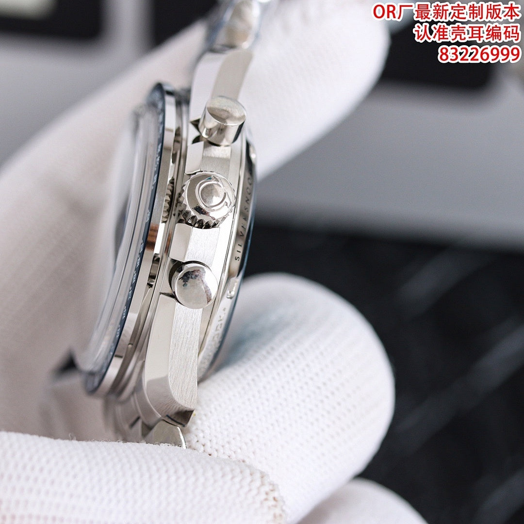 Stainless steel Omega watch case side profile with crown and pushers on a metal bracelet.