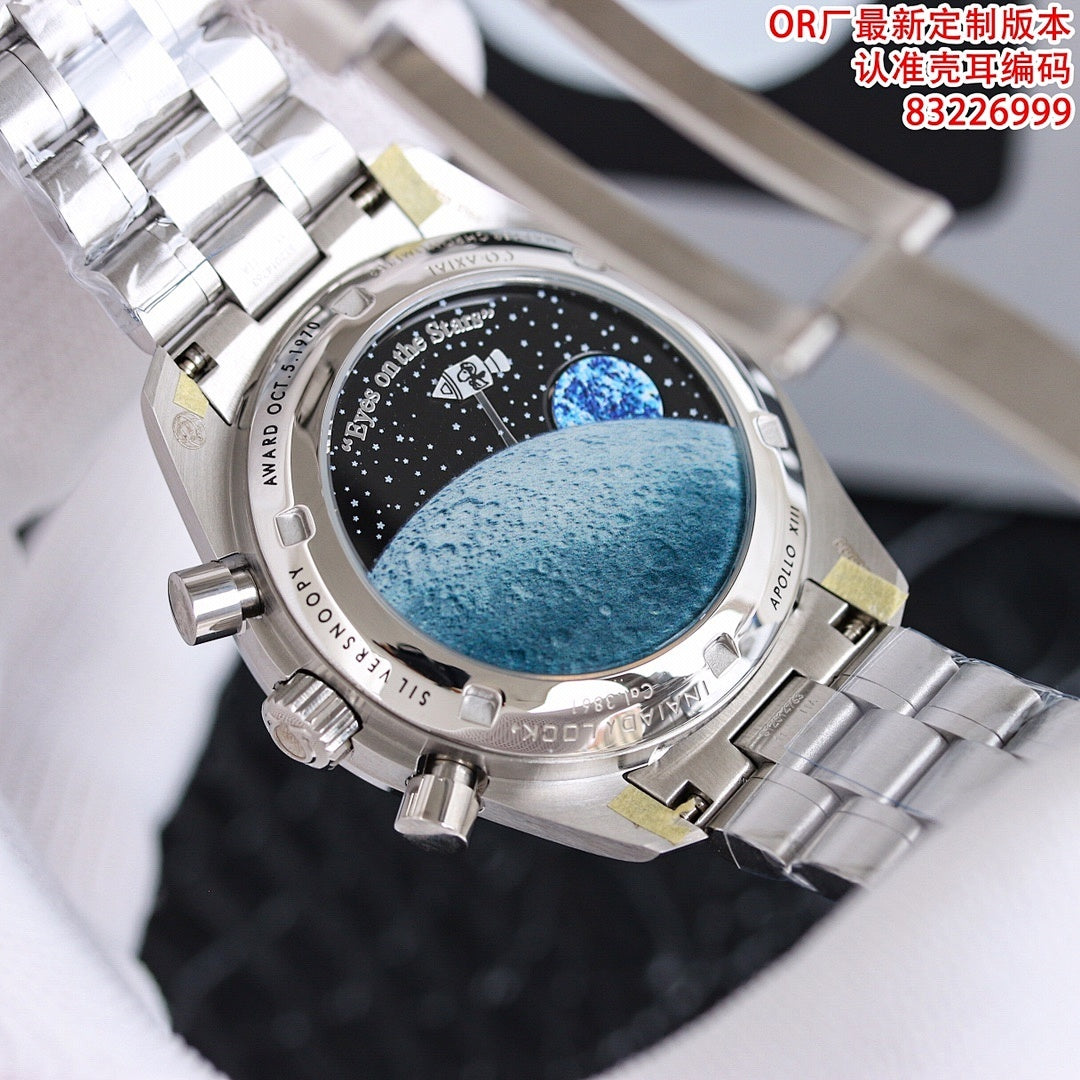 Stainless steel Omega chronograph watch with dark dial and blue-toned detail, silver bracelet.