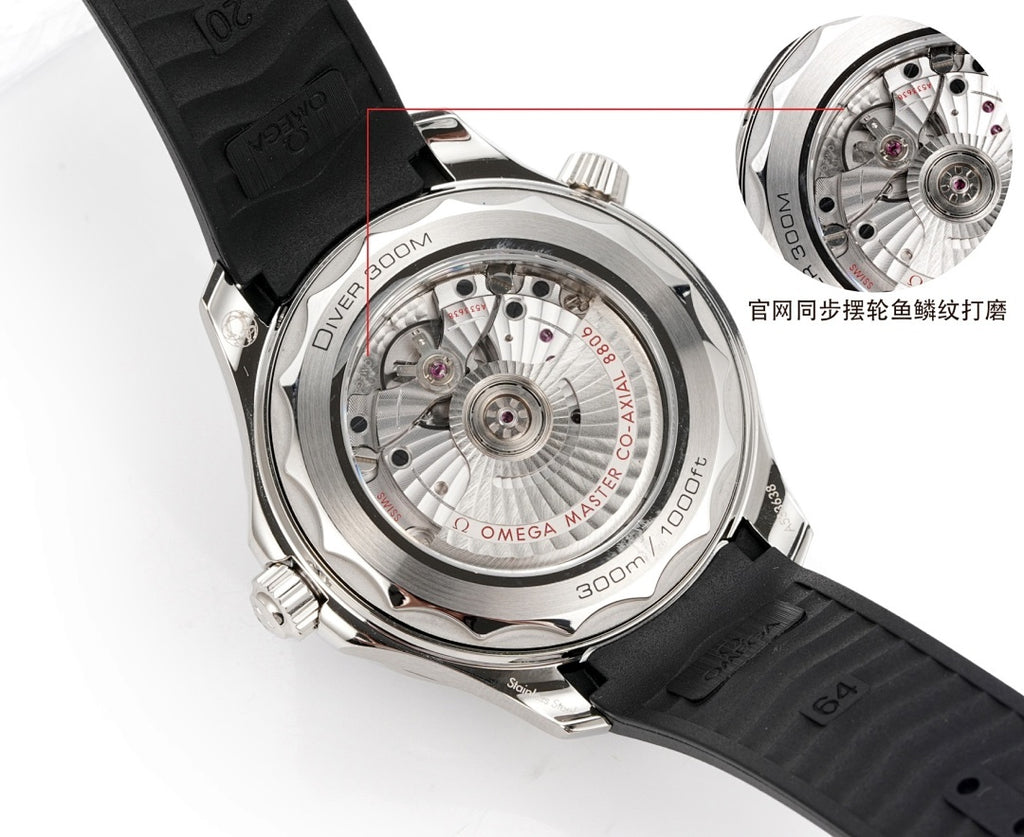 Omega watch caseback with black strap and detailed metal back plate.