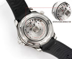 Omega watch caseback with black strap and detailed metal back plate.