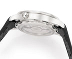 Omega watch underside close-up with silver caseback and black rubber strap.
