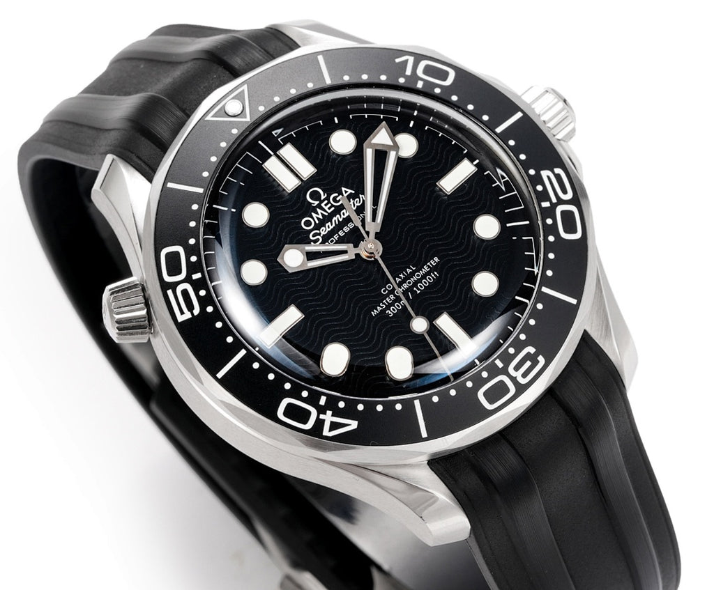 Omega watch angled front view with black dial, silver hands, black rubber strap.