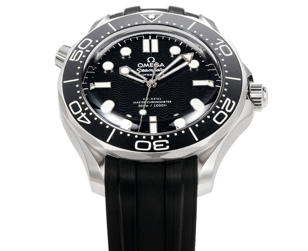 Omega watch front view with black dial, silver bezel, and black rubber strap.