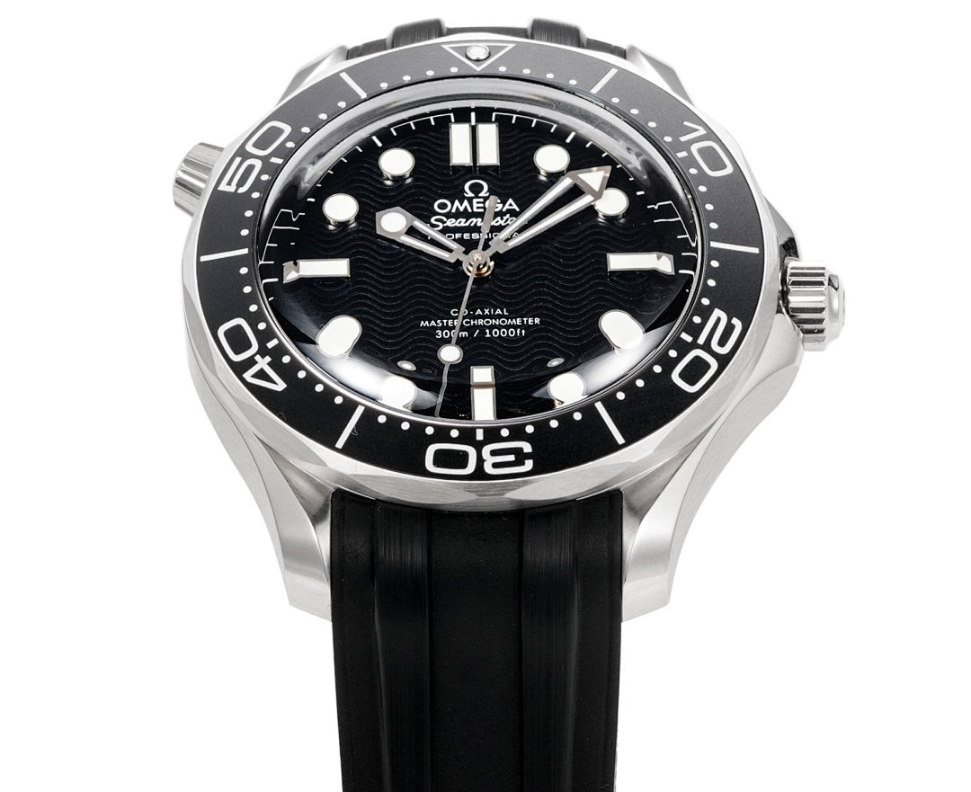 Omega watch front view with black dial, silver bezel, and black rubber strap.