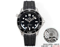 Omega watch with black dial, black rubber strap, silver bezel and crown.