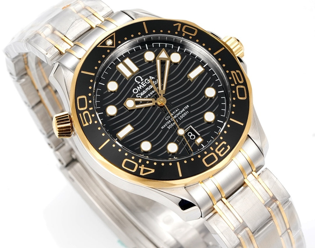 Omega diver watch front angled view with black dial, gold hands, and two-tone bracelet.