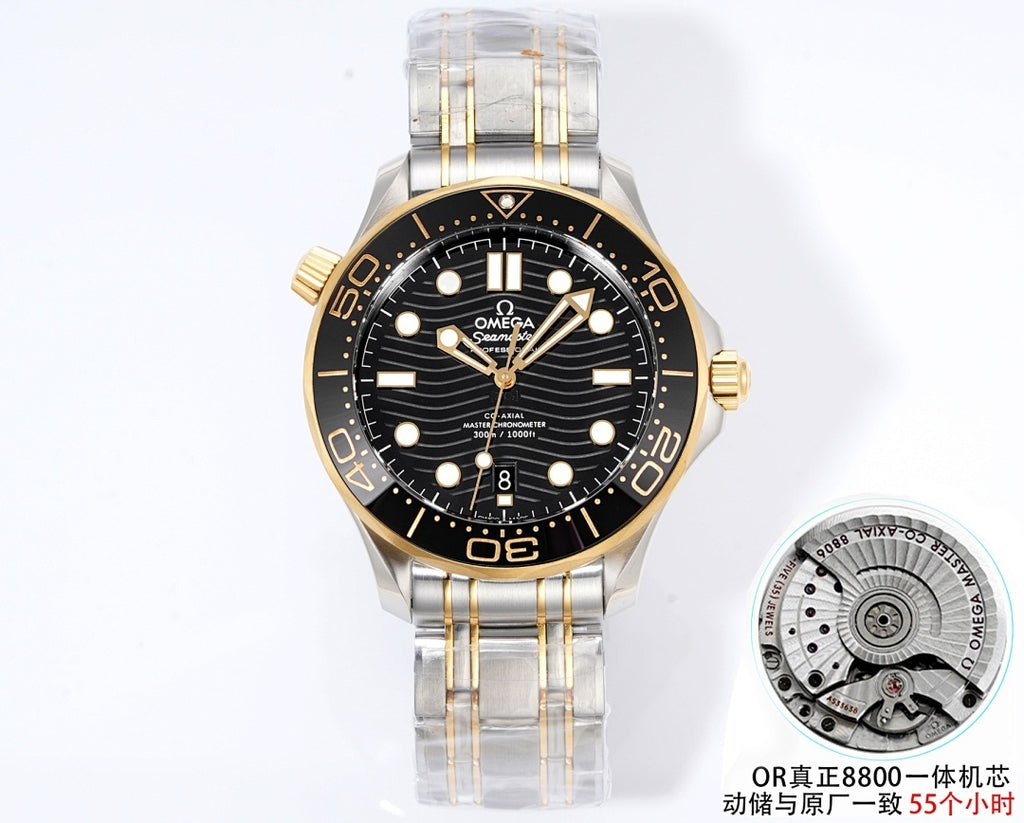 Omega diver watch front view with black dial, two-tone bracelet, plus caseback disc.