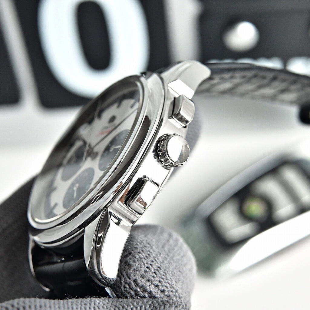 Omega Seamaster watch showing crown and side controls, black leather strap