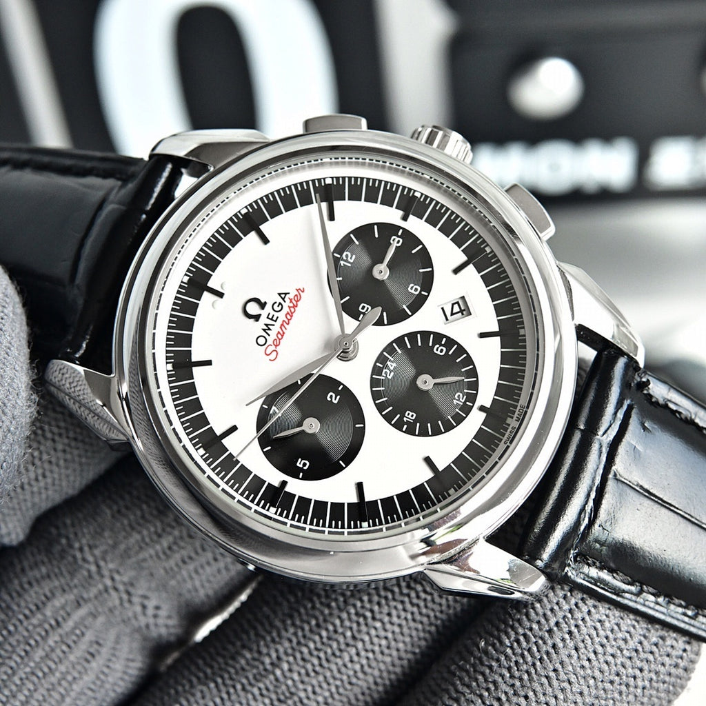 Omega Seamaster chronograph watch front view, black leather strap and white dial