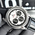 Omega Seamaster chronograph watch front view, black leather strap and white dial